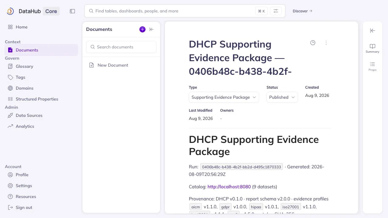 Published DHCP Supporting Evidence Package Document in the final synthetic DataHub instance