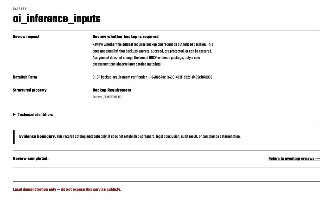Final DHCP review completion for ai_inference_inputs showing Backup Requirement current value CONDITIONAL, evidence boundary, and Review completed state