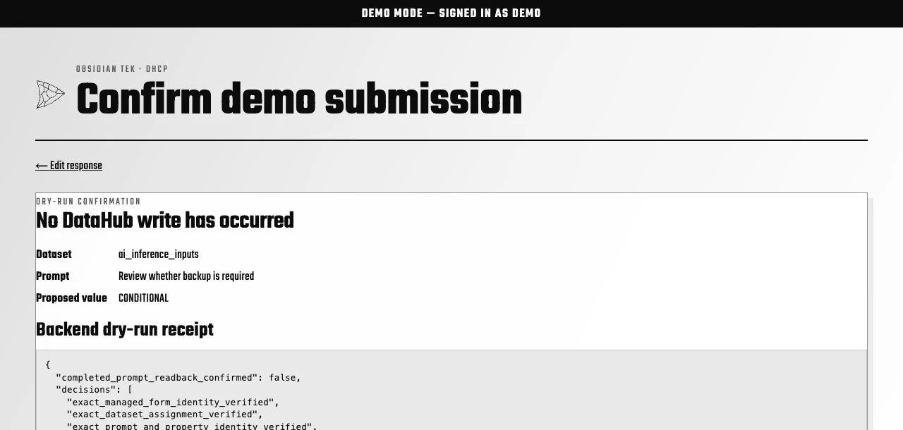 Final DHCP dry-run confirmation for ai_inference_inputs proposing CONDITIONAL backup requirement and explicitly stating that no DataHub write has occurred