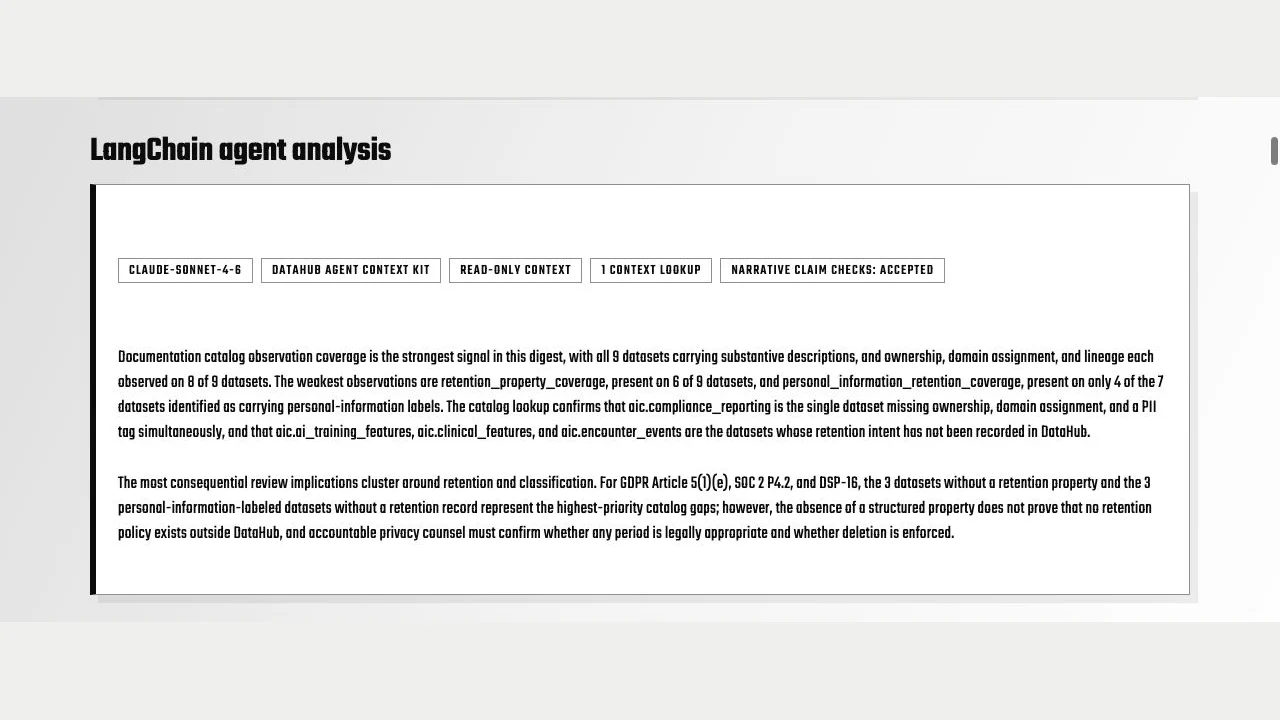 Final LangChain agent analysis with Claude model, DataHub Agent Context Kit, read-only context, and accepted narrative claim checks